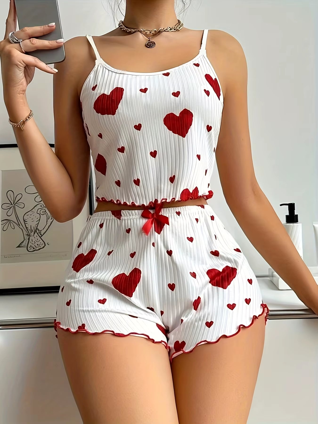 Women'S Heart Print Pajama Set 2PCS Soft Ribbed Tank Top and Shorts Lightweight Sleepwear Loungewear S M L