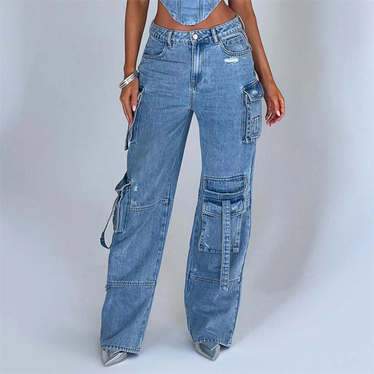 Women's Low Waist Three-Dimensional Tube Top Jeans with Pocket Stitching